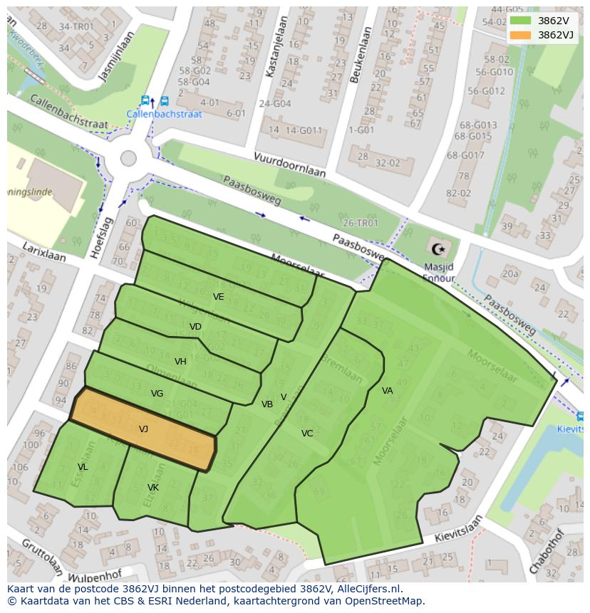 Afbeelding van het postcodegebied 3862 VJ op de kaart.