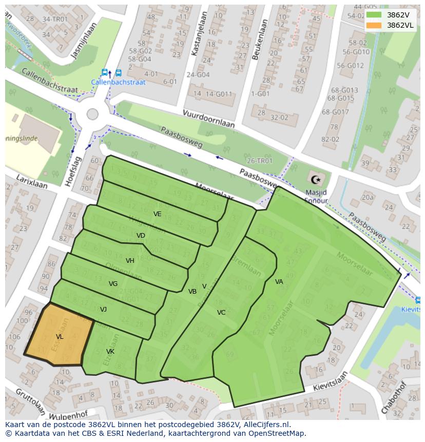 Afbeelding van het postcodegebied 3862 VL op de kaart.