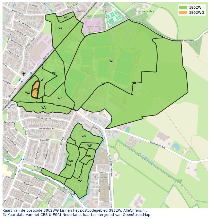 Afbeelding van het postcodegebied 3862 WG op de kaart.