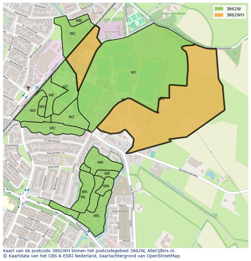 Afbeelding van het postcodegebied 3862 WH op de kaart.