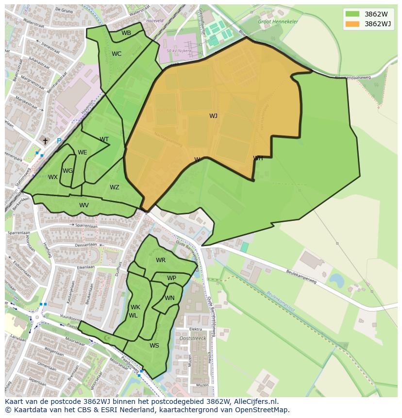 Afbeelding van het postcodegebied 3862 WJ op de kaart.