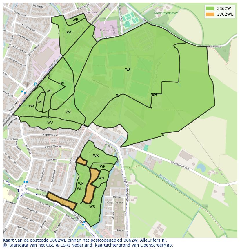 Afbeelding van het postcodegebied 3862 WL op de kaart.