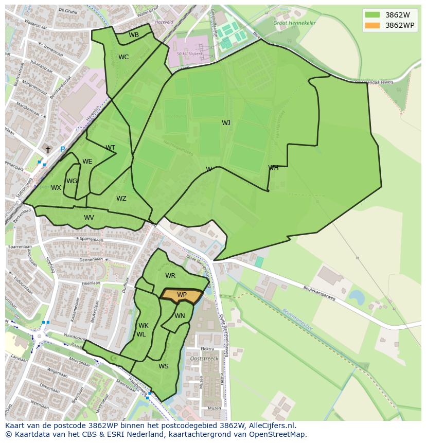 Afbeelding van het postcodegebied 3862 WP op de kaart.