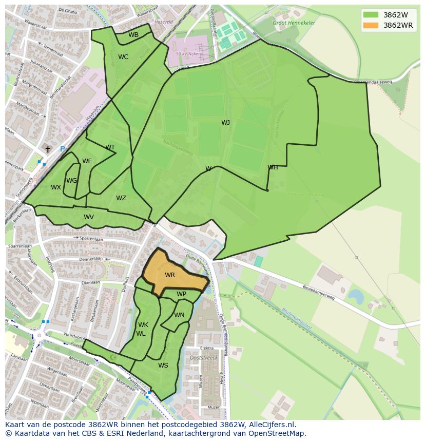 Afbeelding van het postcodegebied 3862 WR op de kaart.