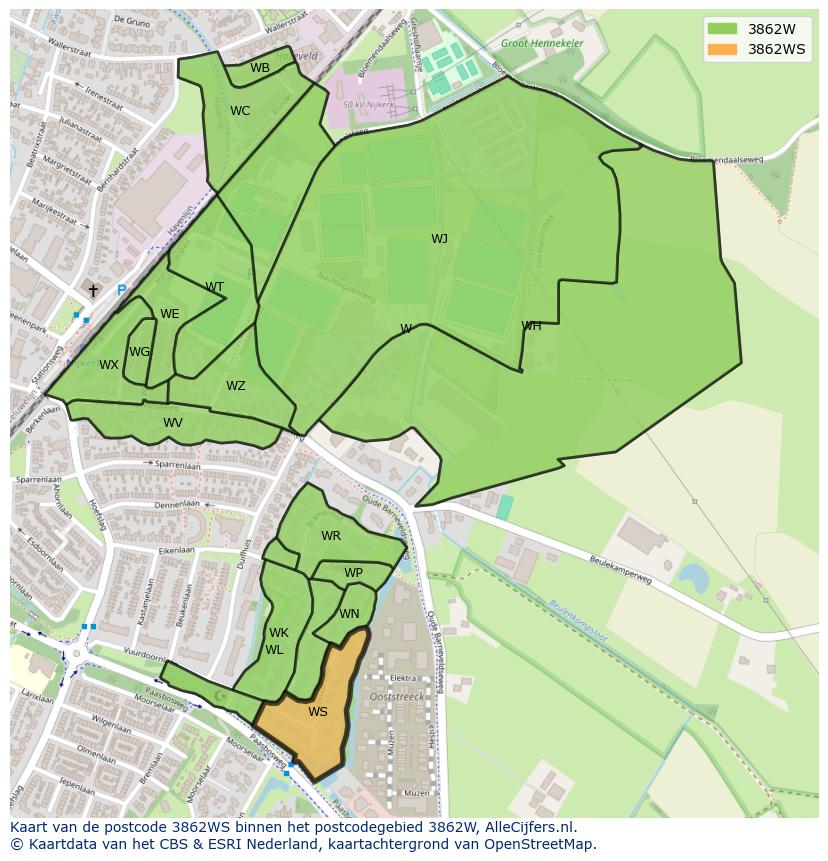 Afbeelding van het postcodegebied 3862 WS op de kaart.
