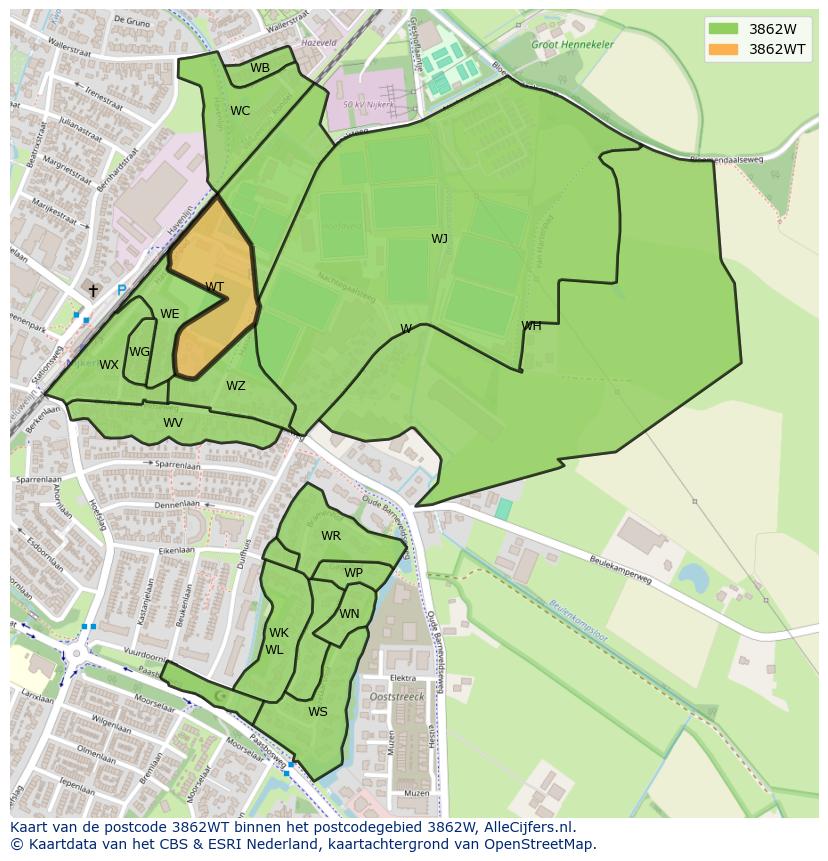 Afbeelding van het postcodegebied 3862 WT op de kaart.