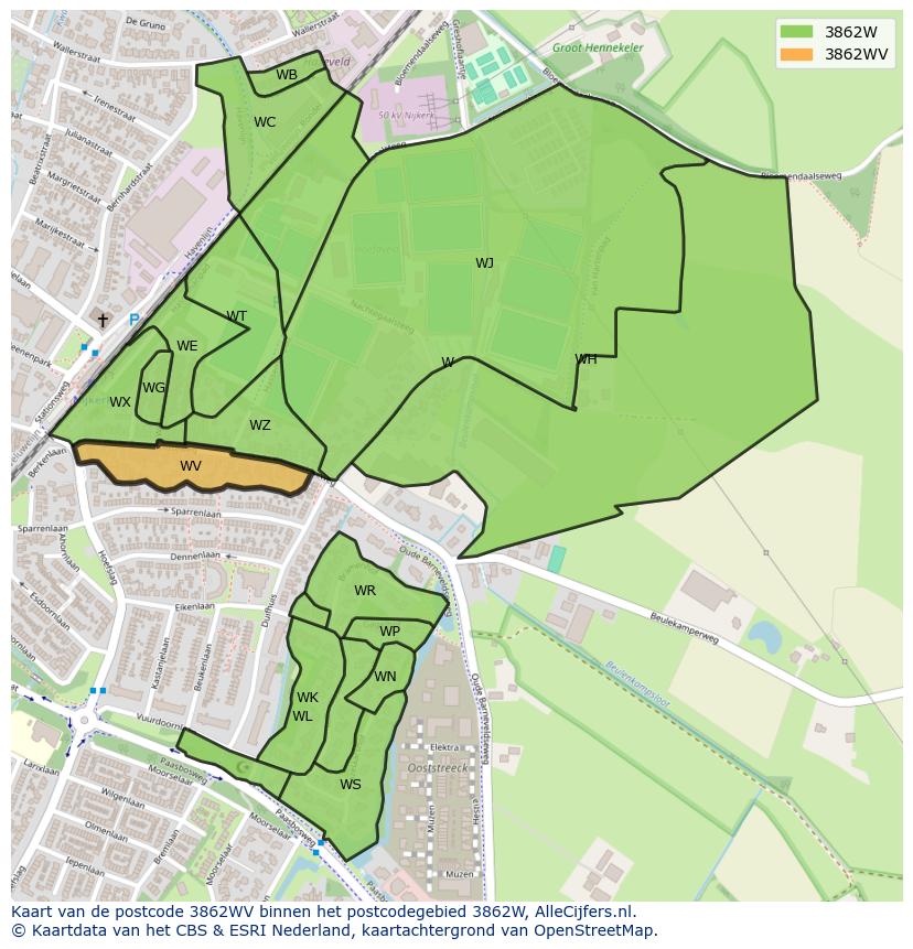 Afbeelding van het postcodegebied 3862 WV op de kaart.