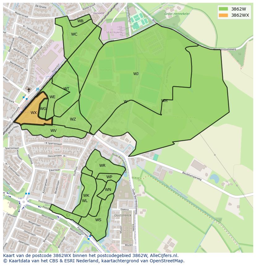 Afbeelding van het postcodegebied 3862 WX op de kaart.