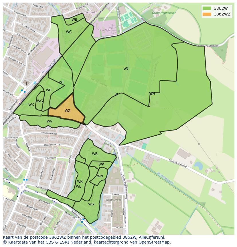 Afbeelding van het postcodegebied 3862 WZ op de kaart.