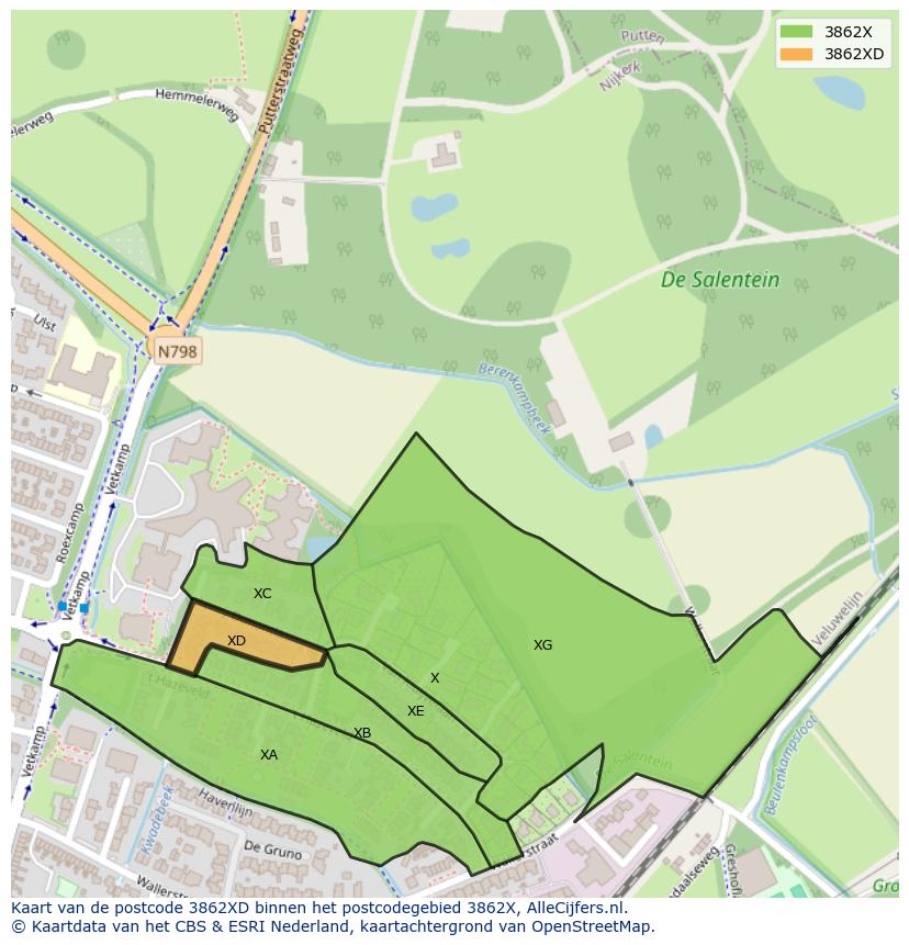 Afbeelding van het postcodegebied 3862 XD op de kaart.