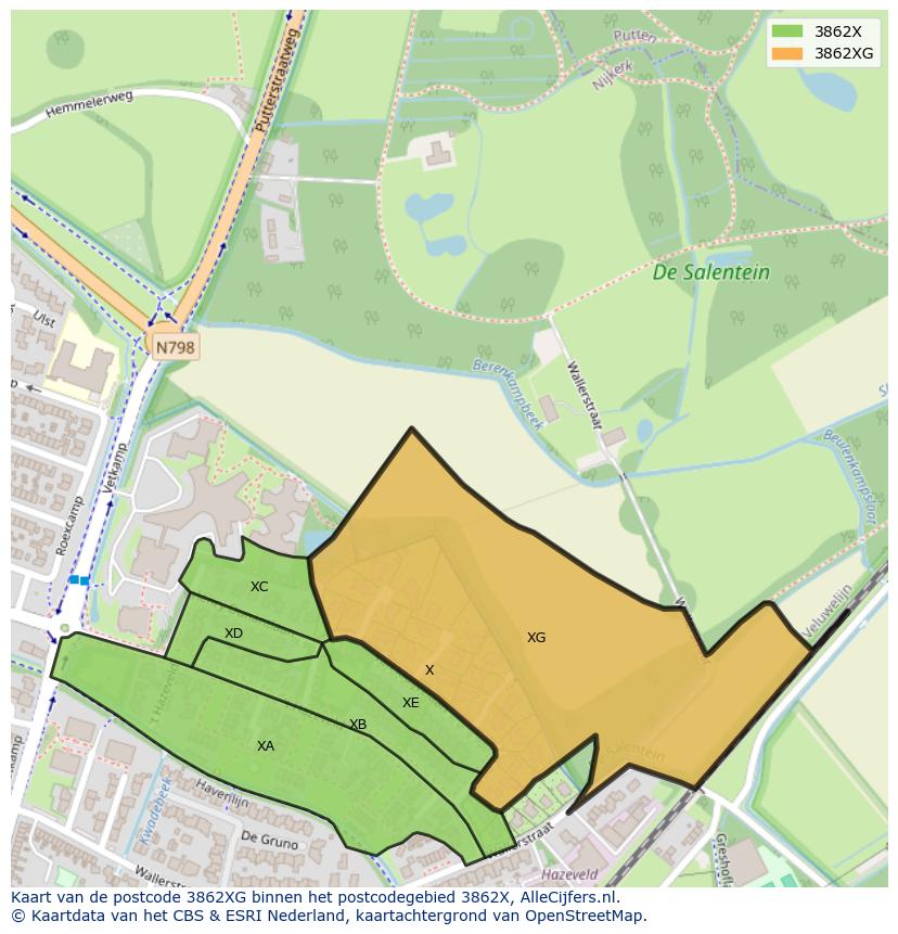 Afbeelding van het postcodegebied 3862 XG op de kaart.