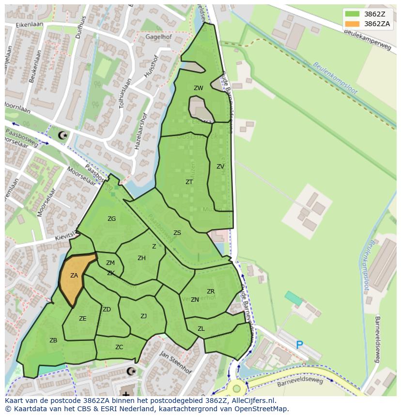 Afbeelding van het postcodegebied 3862 ZA op de kaart.