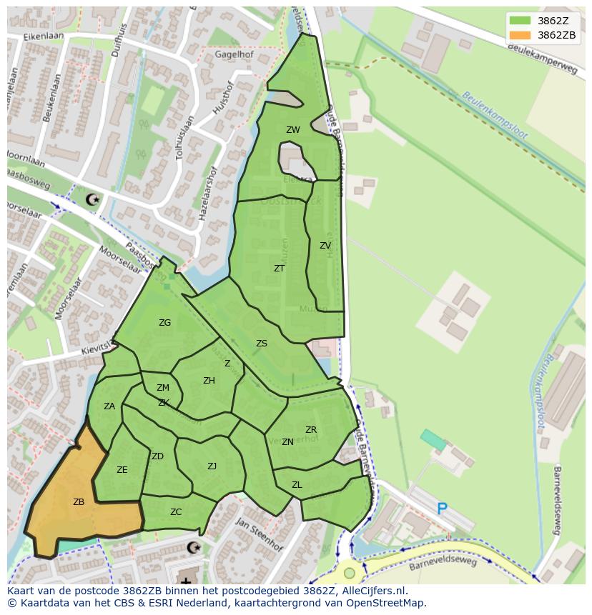 Afbeelding van het postcodegebied 3862 ZB op de kaart.