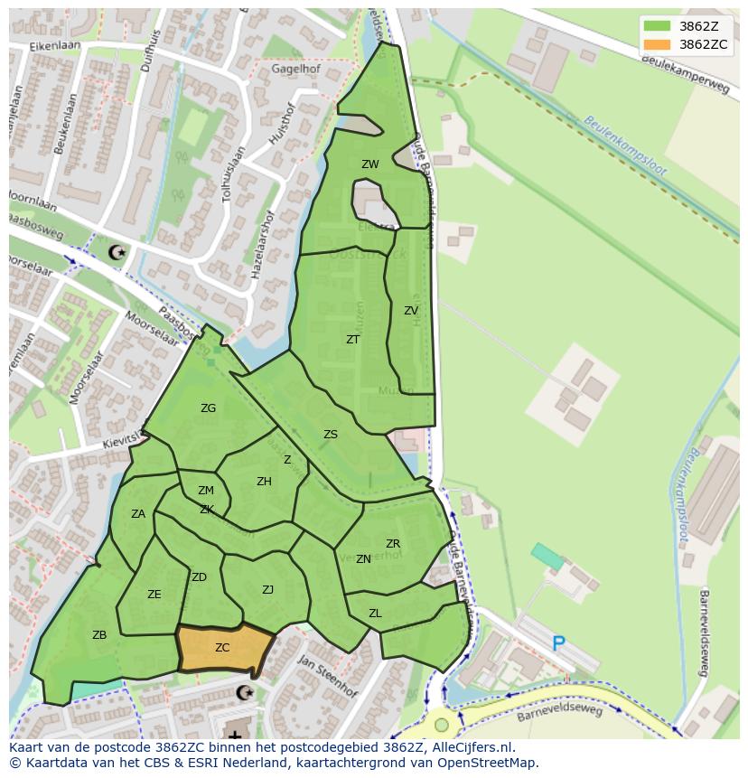 Afbeelding van het postcodegebied 3862 ZC op de kaart.
