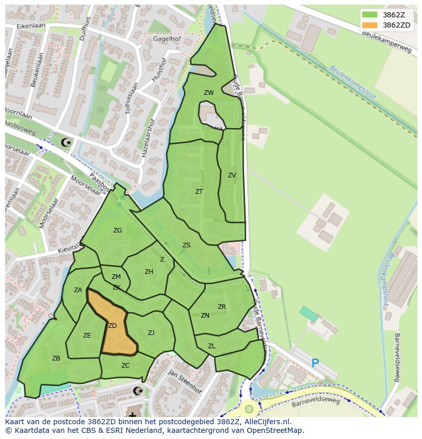 Afbeelding van het postcodegebied 3862 ZD op de kaart.