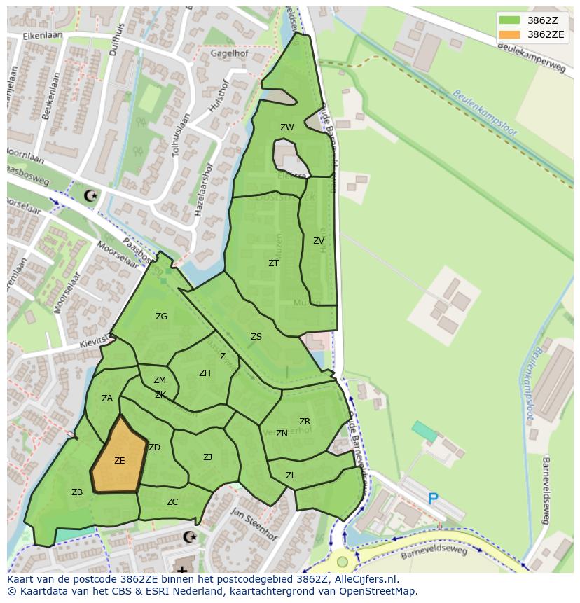 Afbeelding van het postcodegebied 3862 ZE op de kaart.