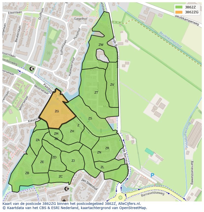 Afbeelding van het postcodegebied 3862 ZG op de kaart.