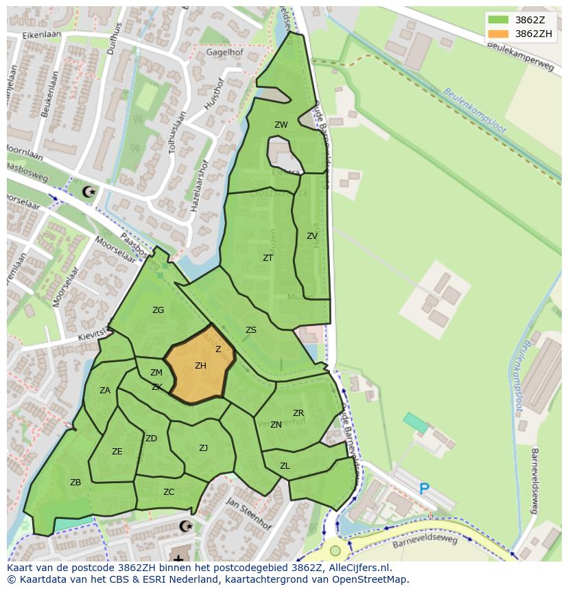 Afbeelding van het postcodegebied 3862 ZH op de kaart.