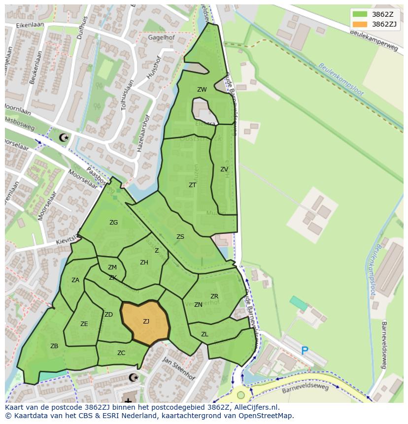 Afbeelding van het postcodegebied 3862 ZJ op de kaart.