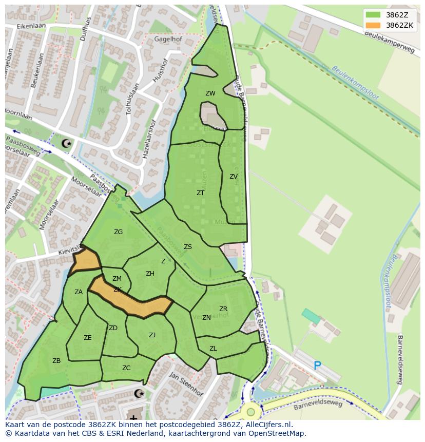 Afbeelding van het postcodegebied 3862 ZK op de kaart.