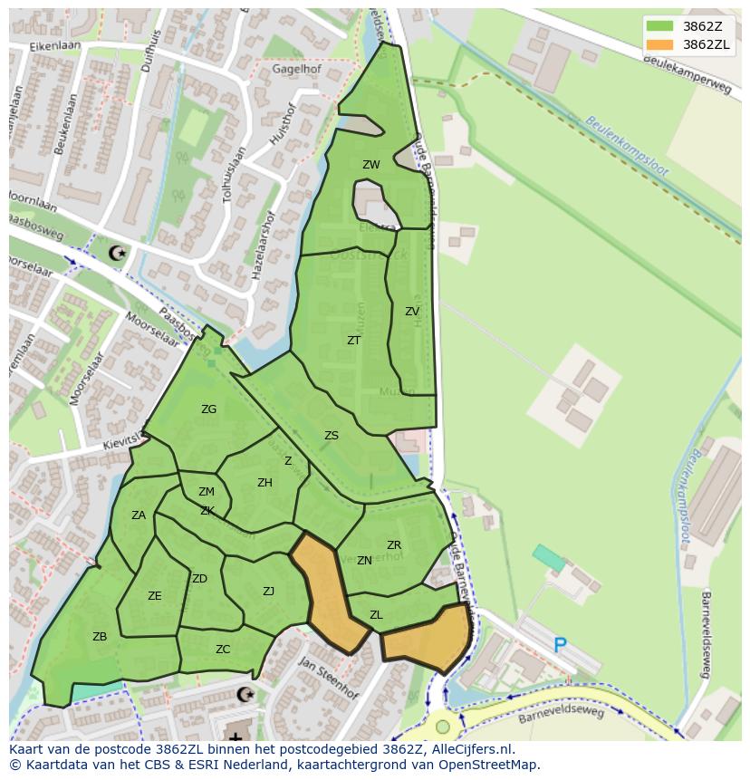 Afbeelding van het postcodegebied 3862 ZL op de kaart.