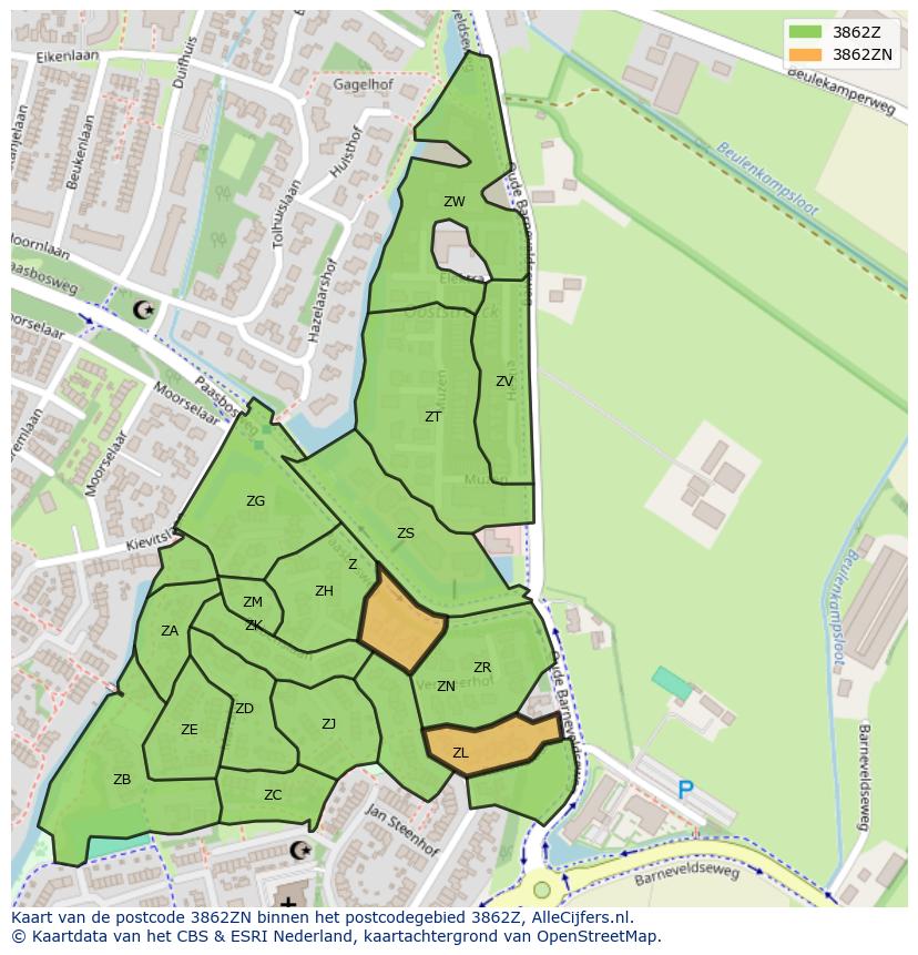 Afbeelding van het postcodegebied 3862 ZN op de kaart.
