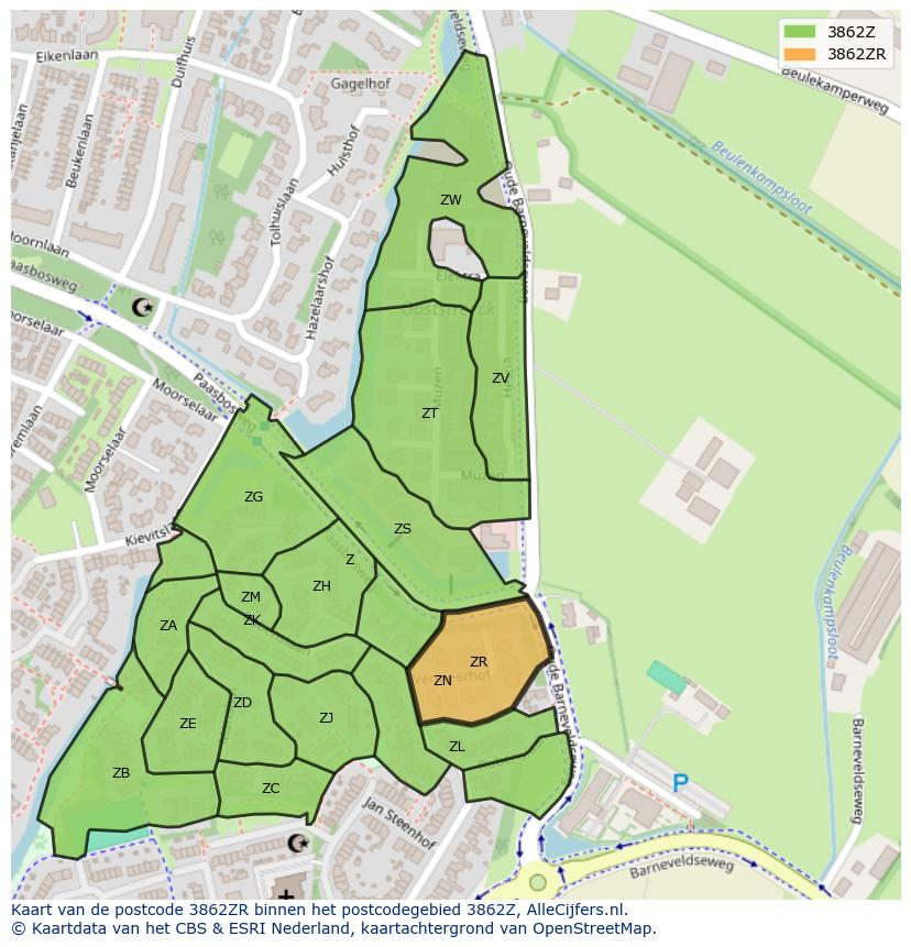 Afbeelding van het postcodegebied 3862 ZR op de kaart.
