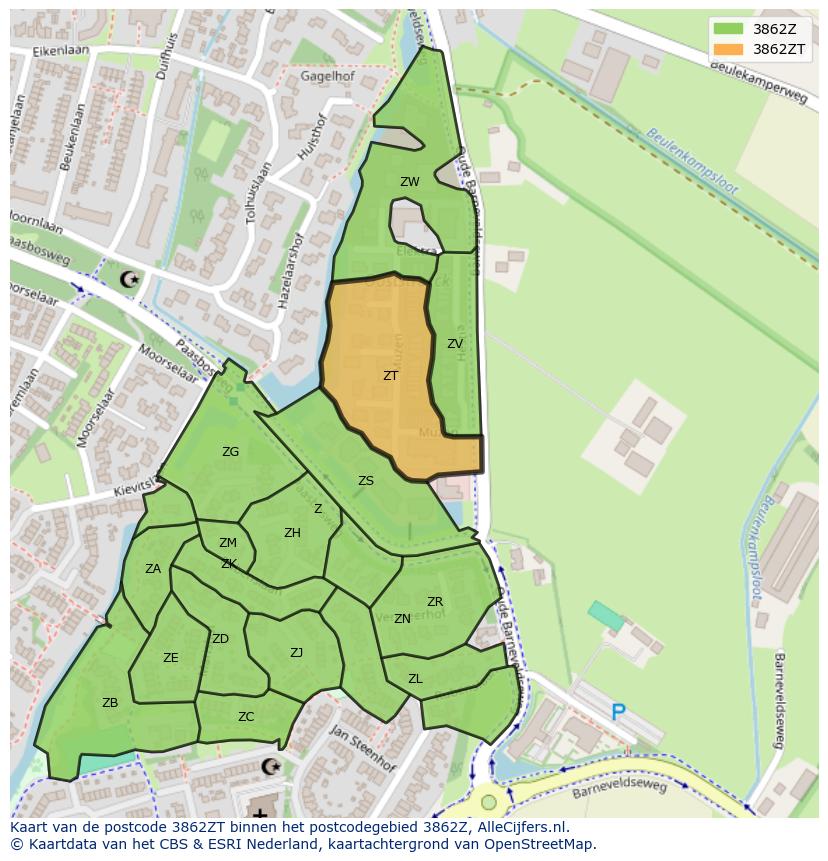 Afbeelding van het postcodegebied 3862 ZT op de kaart.