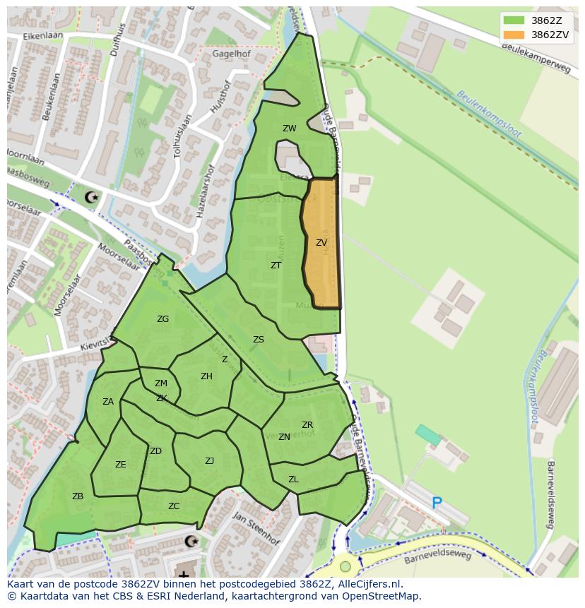 Afbeelding van het postcodegebied 3862 ZV op de kaart.