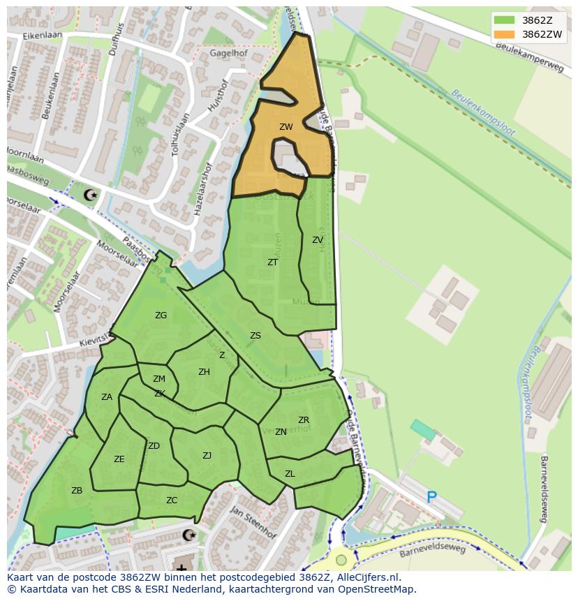 Afbeelding van het postcodegebied 3862 ZW op de kaart.
