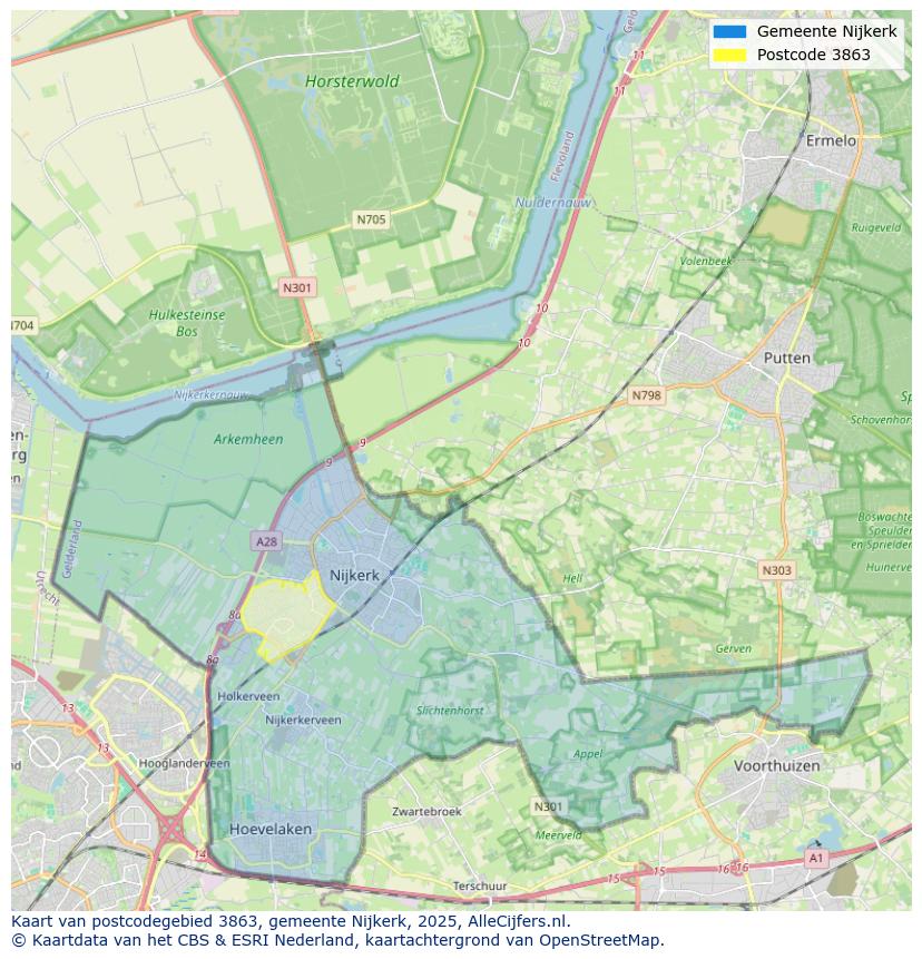 Afbeelding van het postcodegebied 3863 op de kaart.