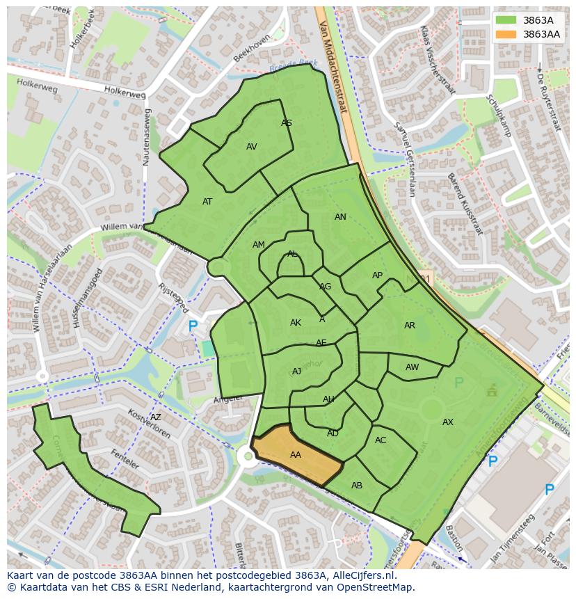 Afbeelding van het postcodegebied 3863 AA op de kaart.