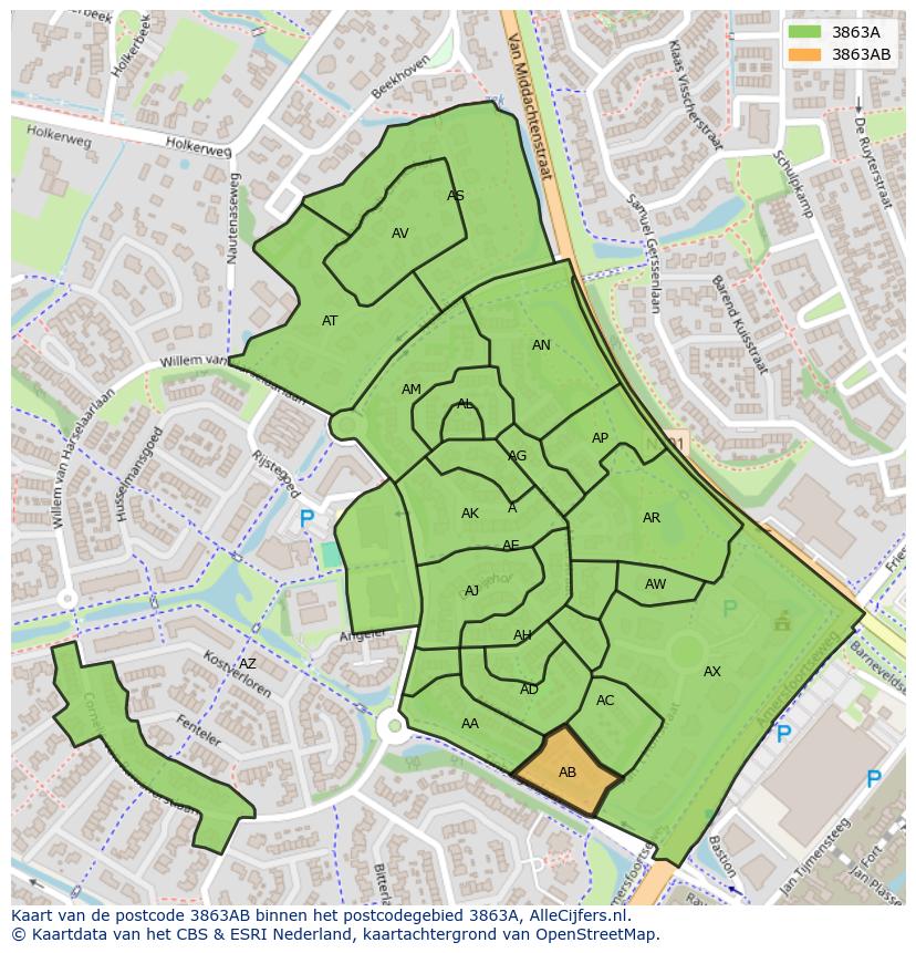 Afbeelding van het postcodegebied 3863 AB op de kaart.