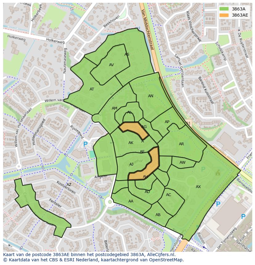 Afbeelding van het postcodegebied 3863 AE op de kaart.