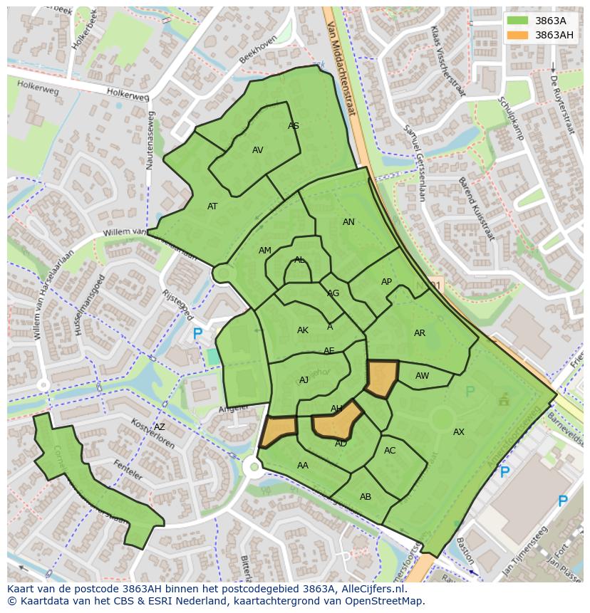 Afbeelding van het postcodegebied 3863 AH op de kaart.