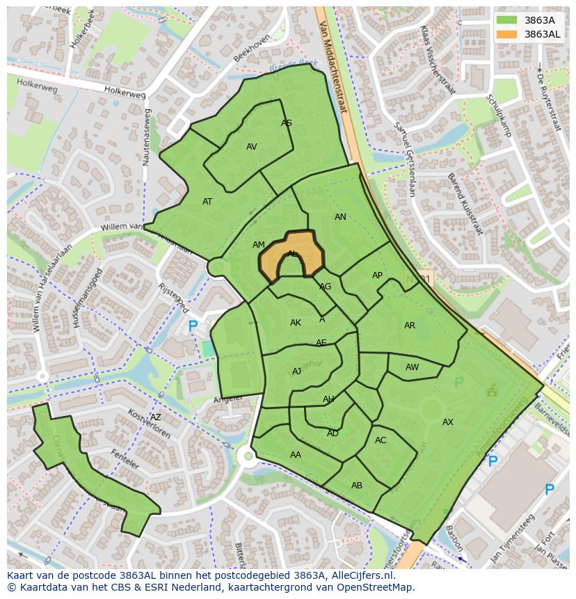 Afbeelding van het postcodegebied 3863 AL op de kaart.