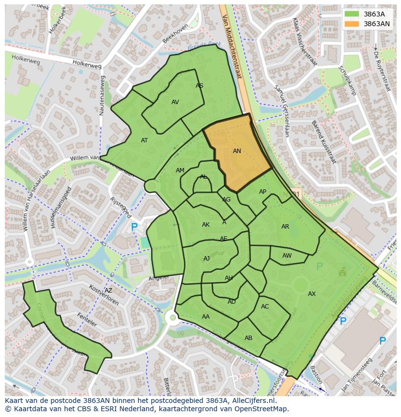 Afbeelding van het postcodegebied 3863 AN op de kaart.