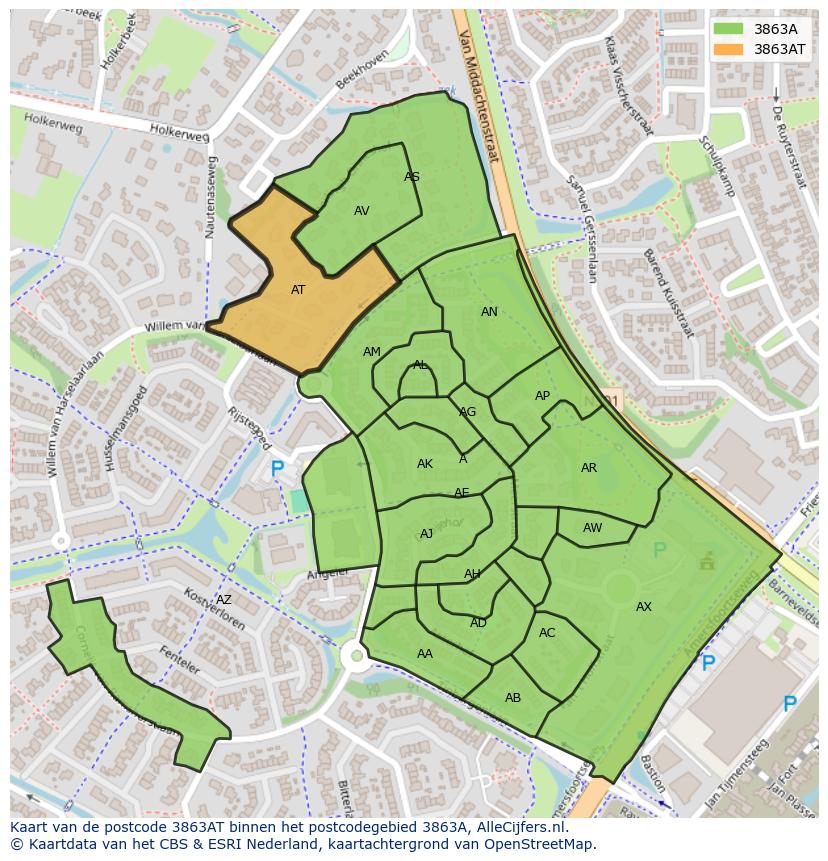 Afbeelding van het postcodegebied 3863 AT op de kaart.