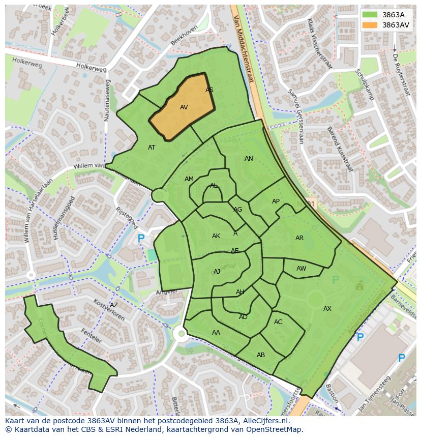 Afbeelding van het postcodegebied 3863 AV op de kaart.