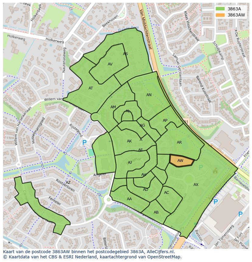 Afbeelding van het postcodegebied 3863 AW op de kaart.