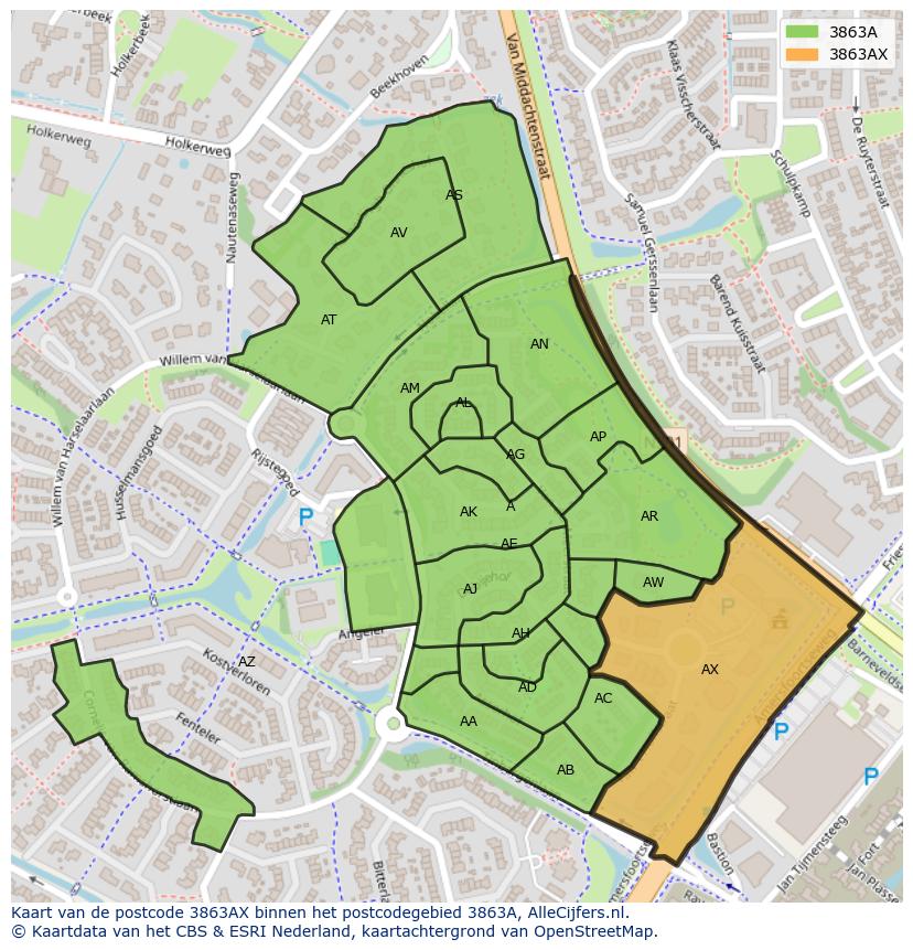 Afbeelding van het postcodegebied 3863 AX op de kaart.