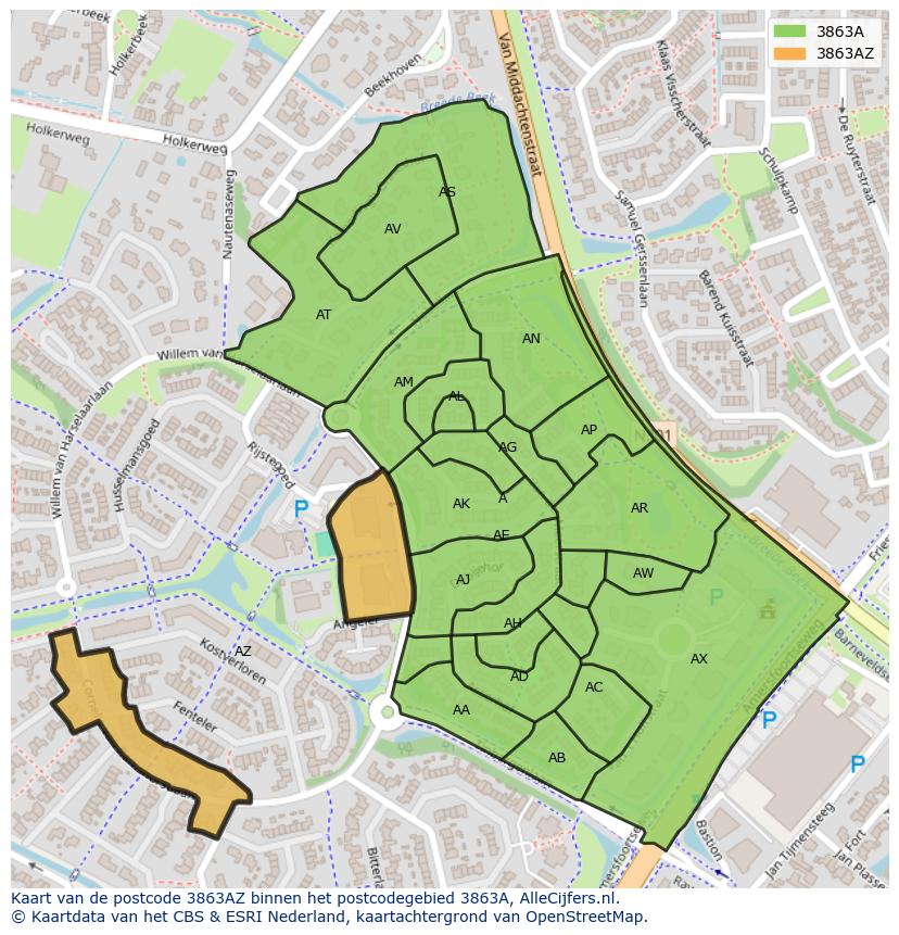 Afbeelding van het postcodegebied 3863 AZ op de kaart.