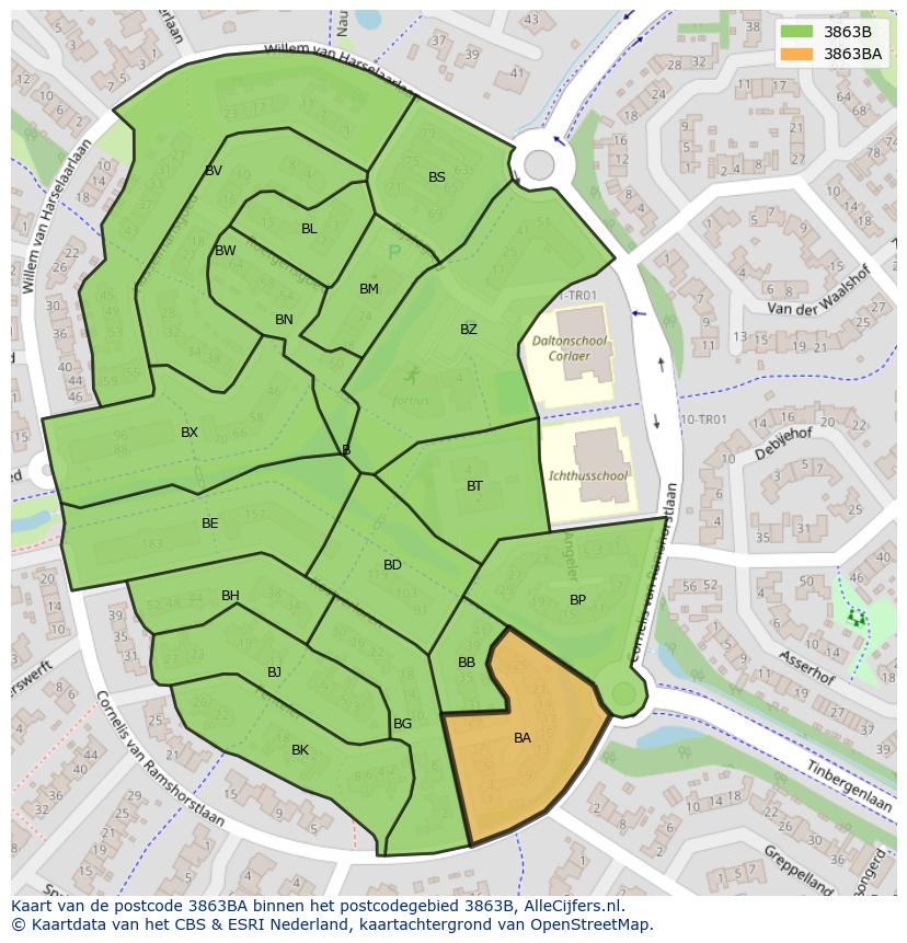 Afbeelding van het postcodegebied 3863 BA op de kaart.