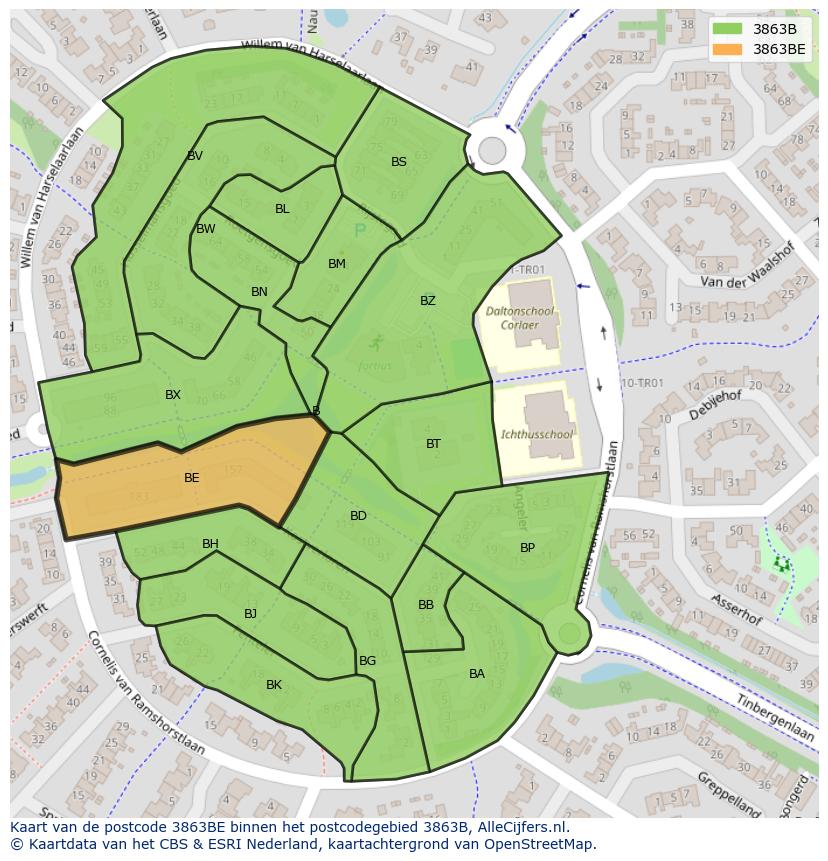 Afbeelding van het postcodegebied 3863 BE op de kaart.