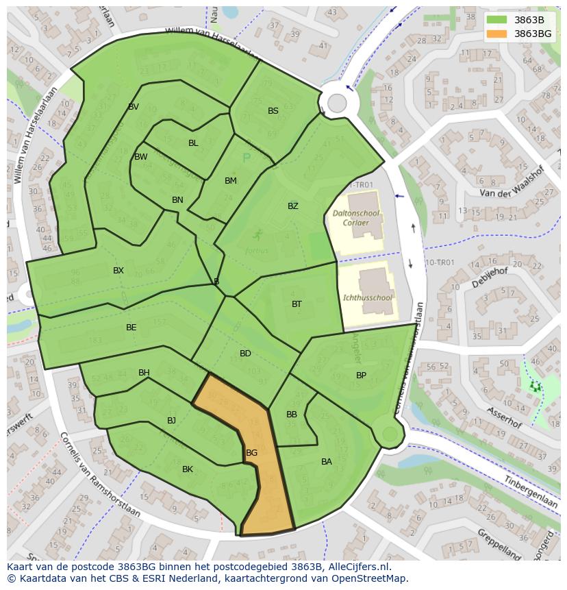 Afbeelding van het postcodegebied 3863 BG op de kaart.