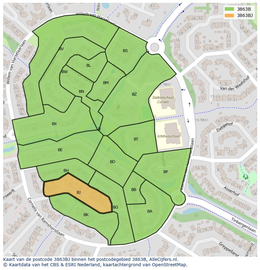 Afbeelding van het postcodegebied 3863 BJ op de kaart.
