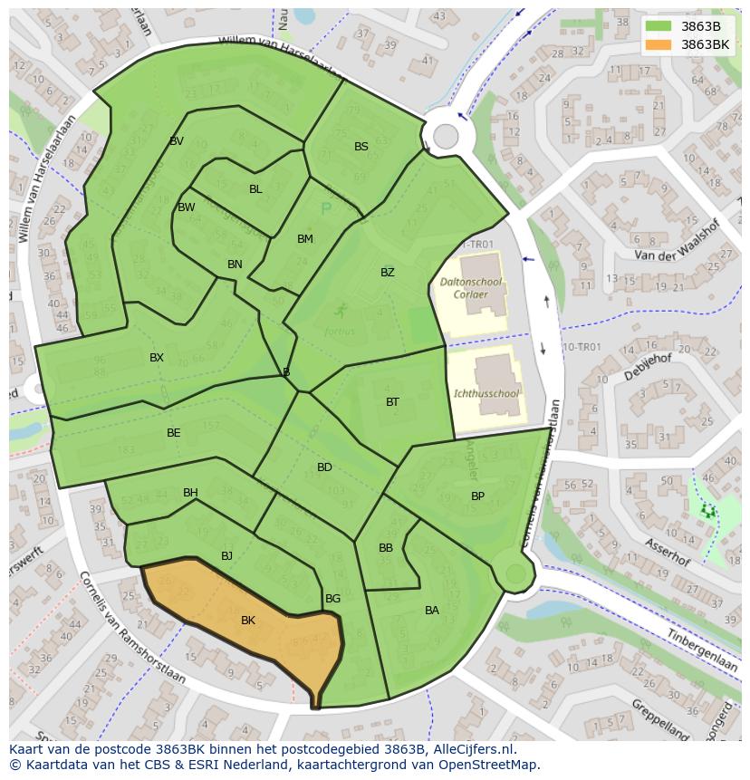 Afbeelding van het postcodegebied 3863 BK op de kaart.