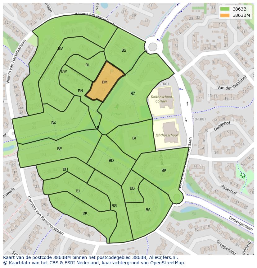 Afbeelding van het postcodegebied 3863 BM op de kaart.