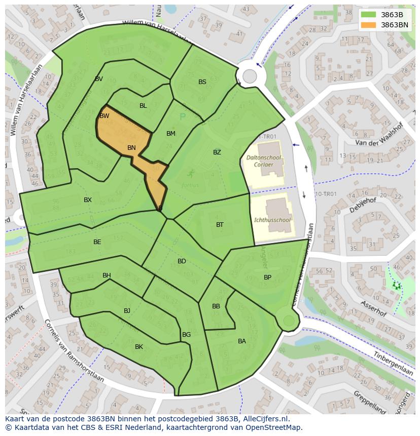 Afbeelding van het postcodegebied 3863 BN op de kaart.