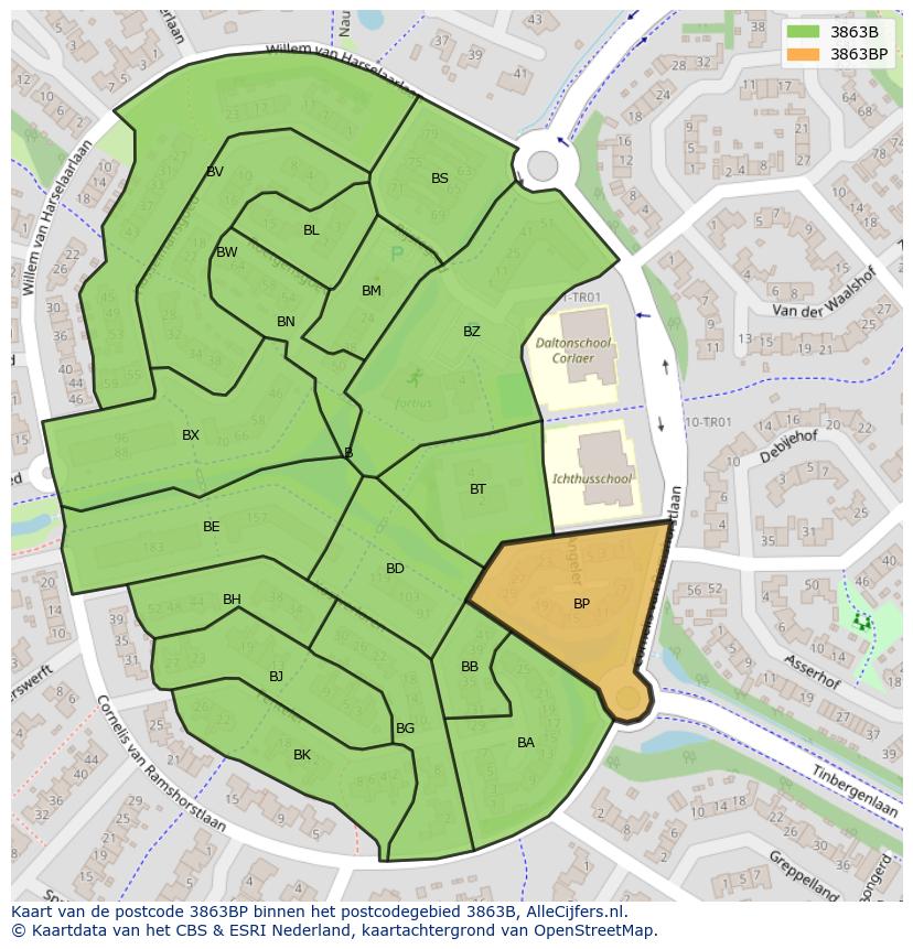 Afbeelding van het postcodegebied 3863 BP op de kaart.